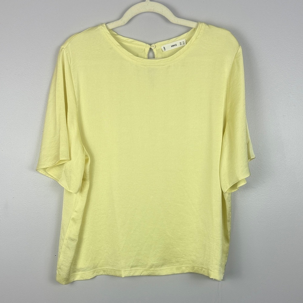 Mango Light Yellow Casual Chic Round Neck Tie Back Short Sleeve Top Size 12 - Picture 2 of 9